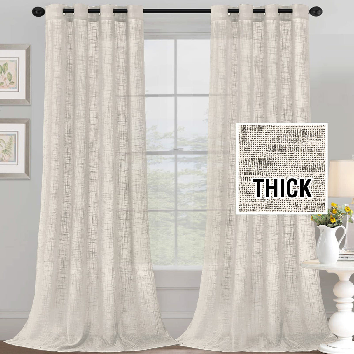 H.VERSAILTEX Linen Blended Curtains - Natural Linen Textured, Light Filtering Nickel Grommet 2 Panel Sets, 52" x 84", Angora for Living Room & Bedroom