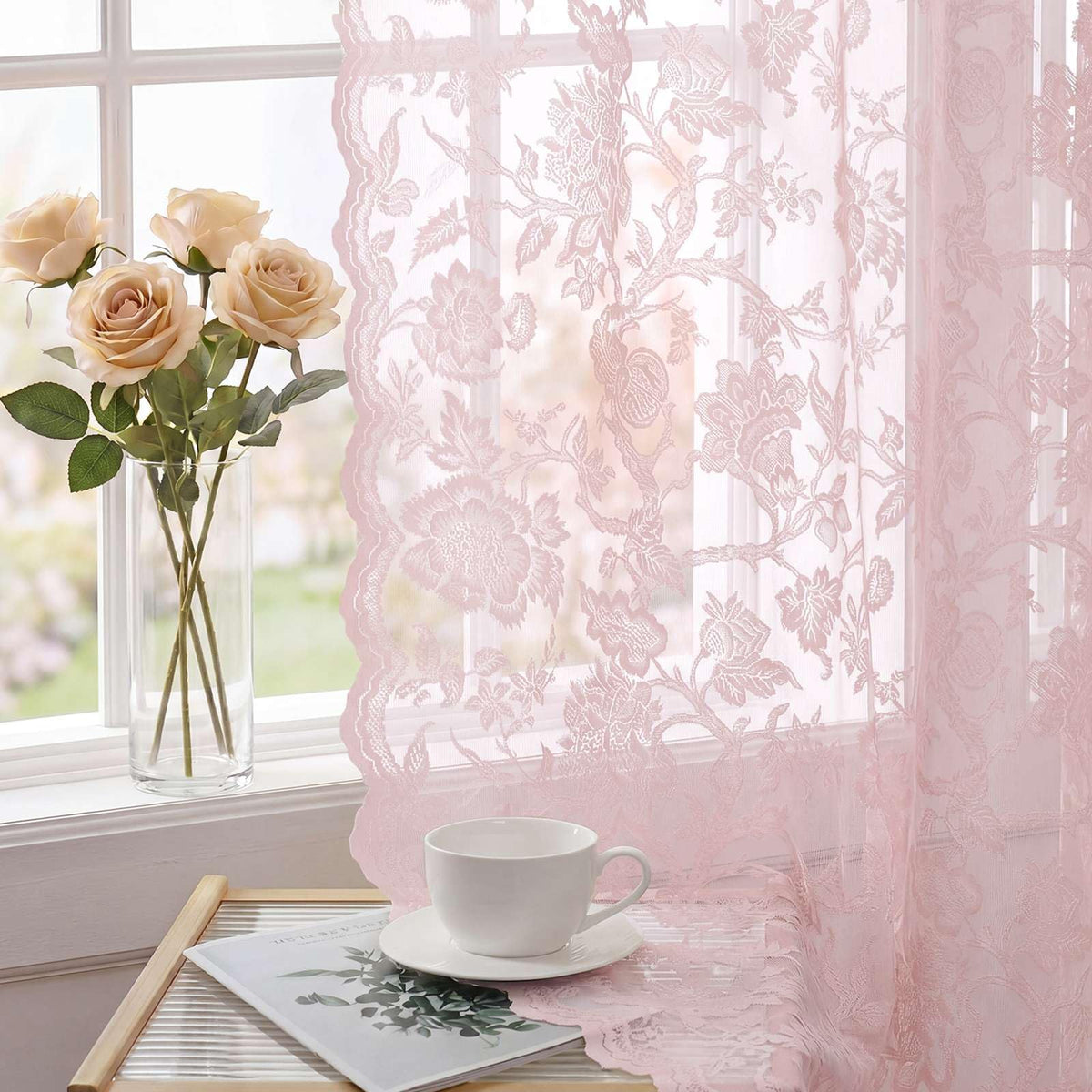 H.VERSAILTEX Cream Beige Lace Curtains 84 Inches Long 2 Panels, Rod Pocket