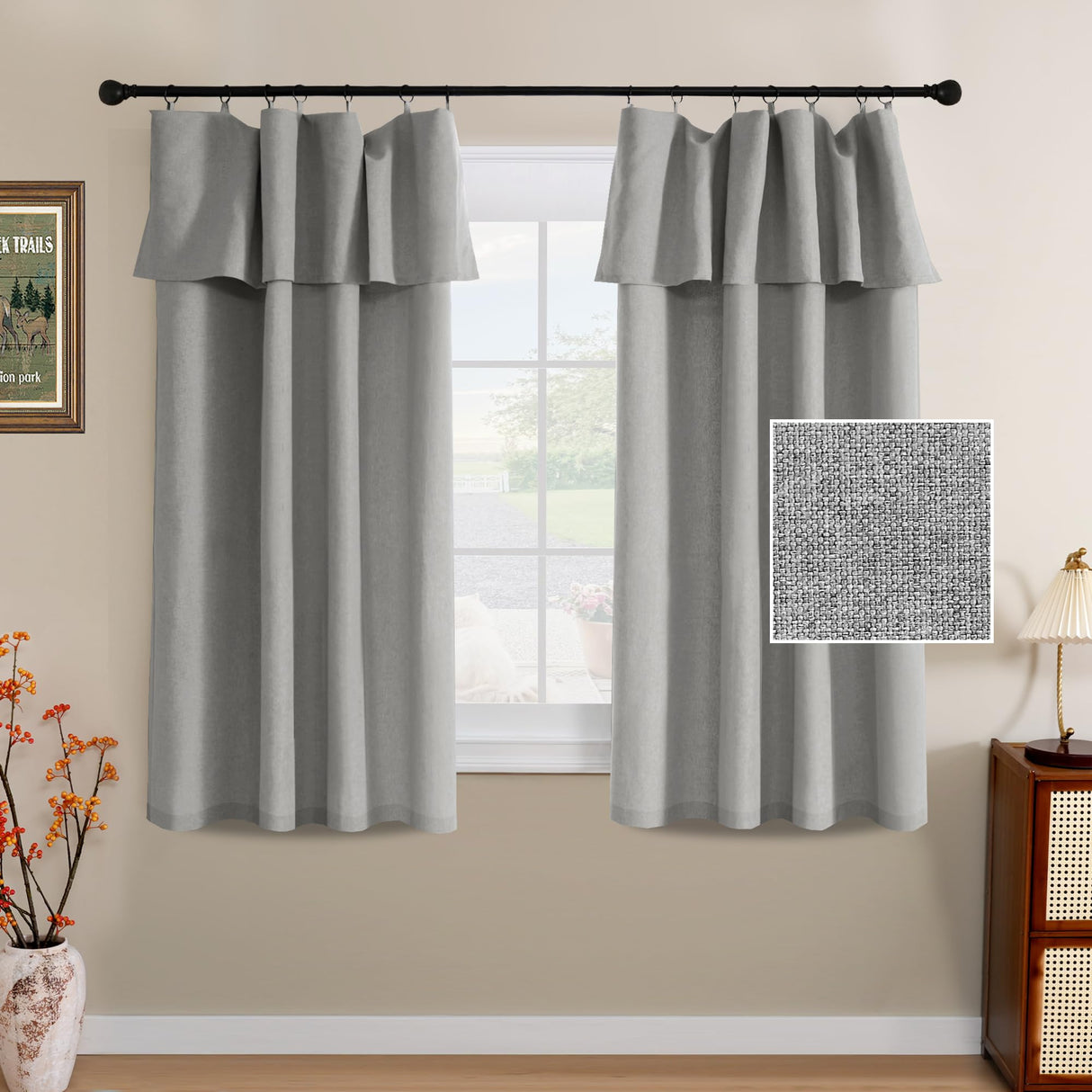 H.VERSAILTEX Linen Curtains with Valance 84 Inch Long 2 Panels Farmhouse Boho Privacy Window Curtains for Living Room Bedroom Ring/Rod Pocket Privacy Light Filtering Drapes, 52x 84 Inch, Heather Sage