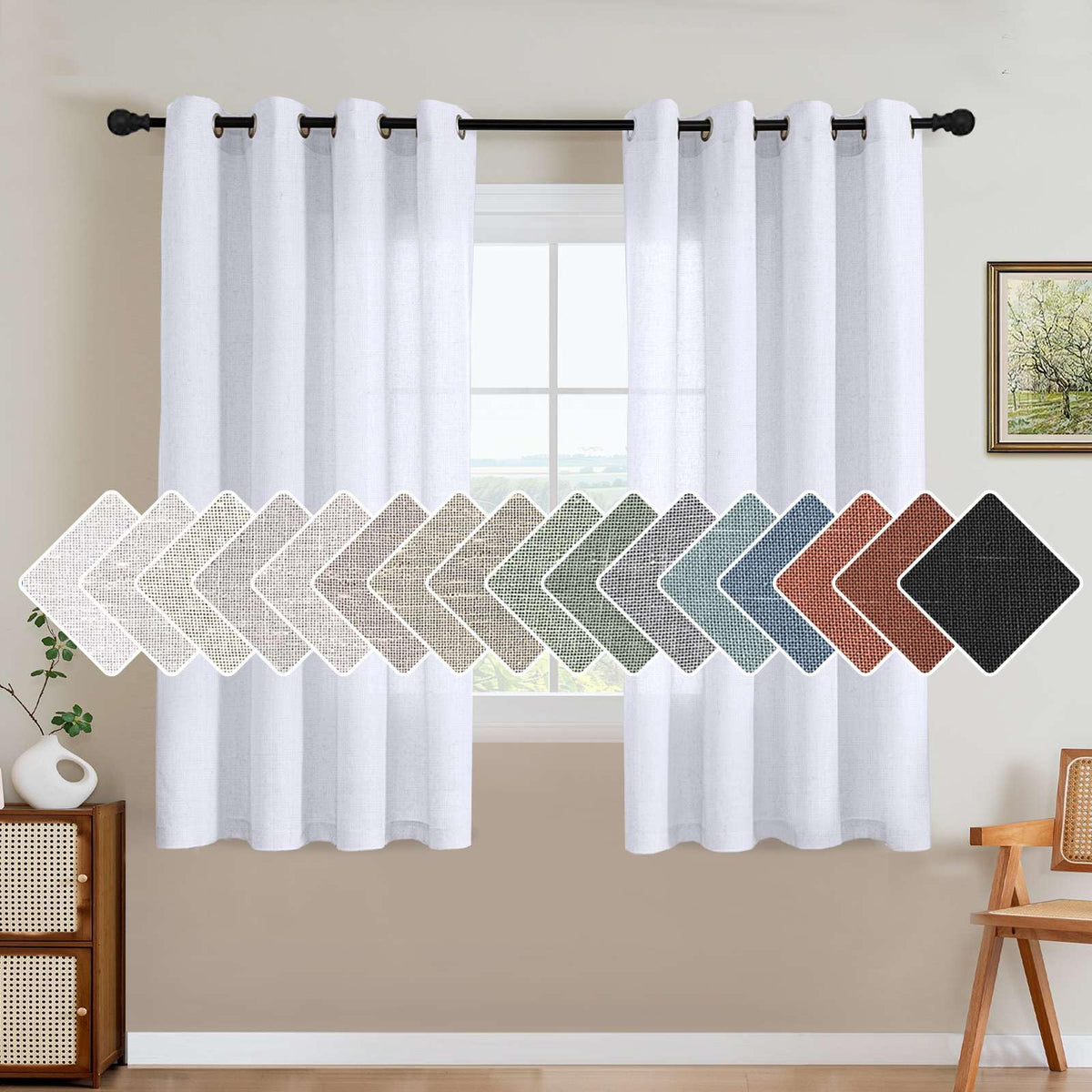 H.VERSAILTEX Natural Linen Curtains 63 inches Long for Living Room 2 Panels Back Tab Loop Pocket Textured Light Filtering Semi Sheer Curtains Rustic Farmhouse Boho Curtain for Bedroom, Sea Grass