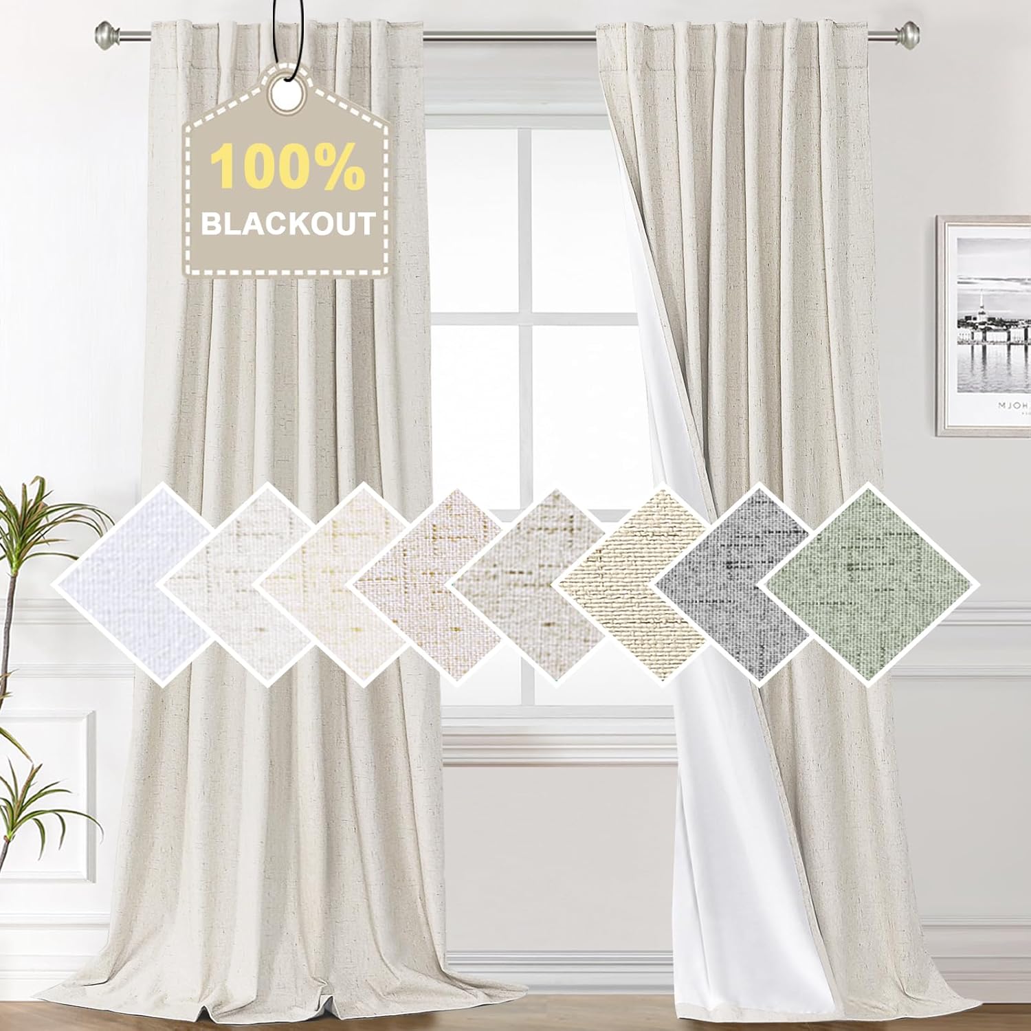 100% Blackout Curtains for Bedroom Faux Linen Texture Thermal Back Tab/Rod Pocket/Hook Belt Draperies 2 Panels