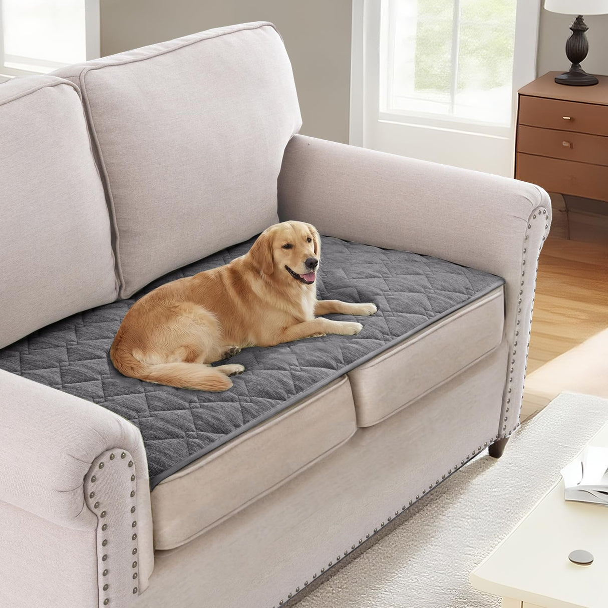 H.VERSAILTEX Couch Cover Chenille Pet Fuzzy Sofa Covers for 3 Cushion Couch Anti Slip Washable Sofa Slipcovers with Strap Soft Couch Protector Cover for Dogs Cats Kids(36" x 74",Khaki)