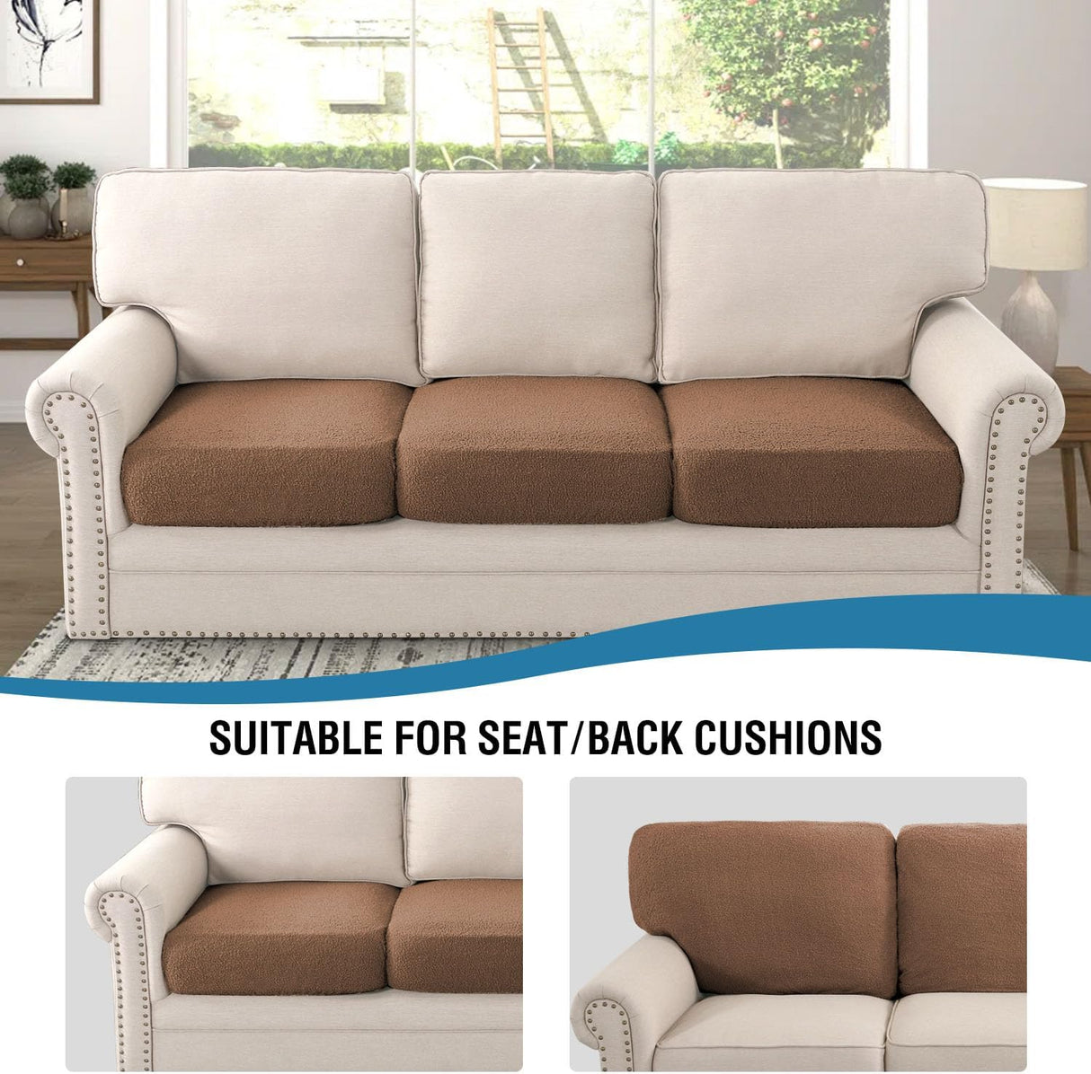 H.VERSAILTEX Waterproof Sofa Seat Cushion Covers Sofa Covers for Seating Couch Cushion Slipcover Protectors Non Slip Cushion Cover, Made of Looped Fleece Fabric Durable Sturdy (3 Pack, Caramel)