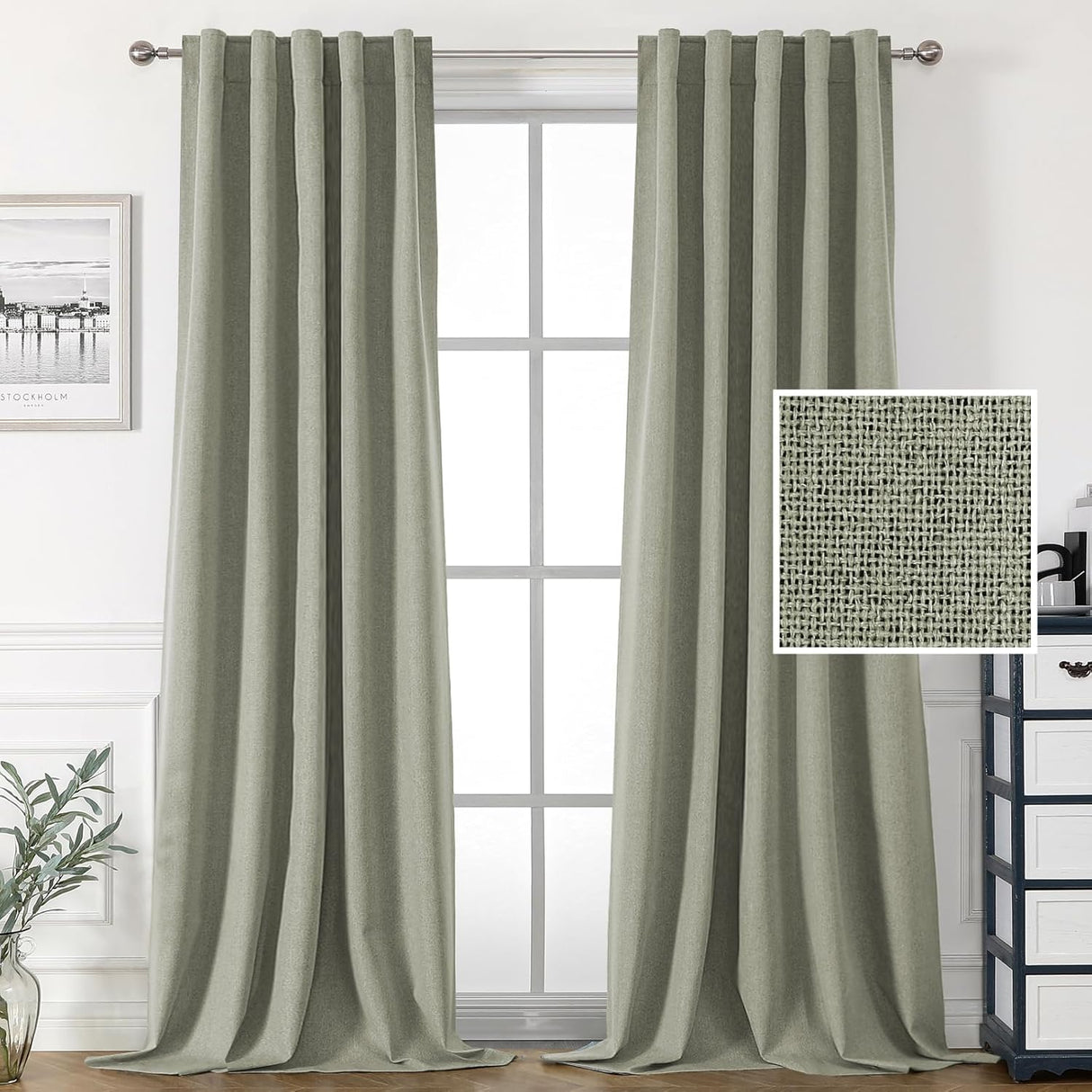 H.VERSAILTEX 100% Blackout Linen Look Curtains for Bedroom Double Face Linen Back Tab Loop Pocket Textured Burlap 2 Panels
