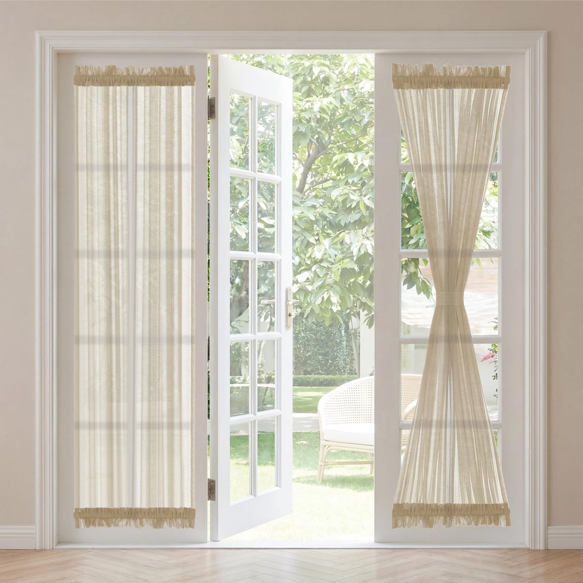 H.VERSAILTEX Linen French Door Curtains Semi Sheer Light Reducing Privacy Doors Window Cover with Tieback | Rod Pocket 1 Panel Door Shades for Glass Living Room Doorways,52" W x 72" L,Linen