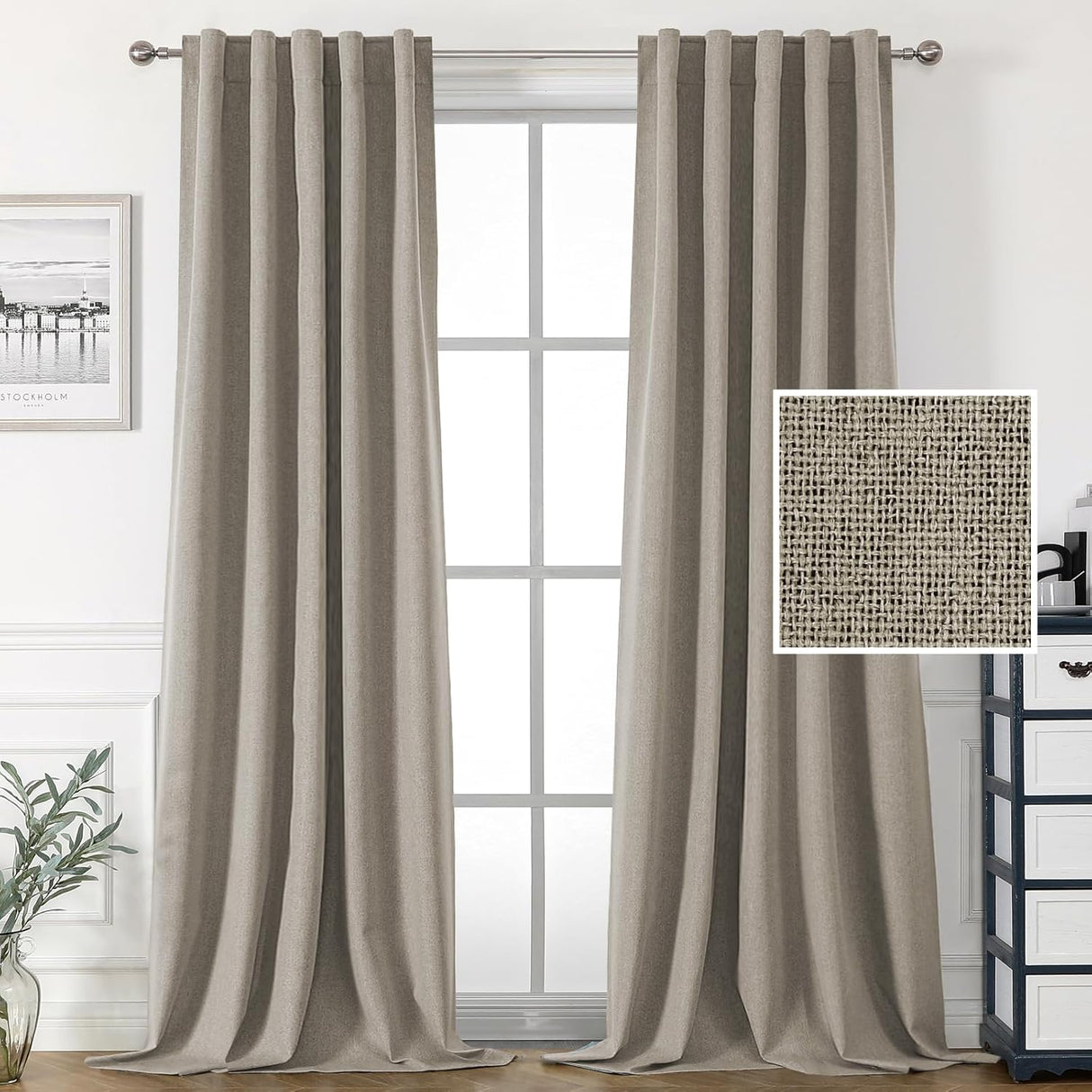H.VERSAILTEX 100% Blackout Linen Look Curtains for Bedroom Double Face Linen Back Tab Loop Pocket Textured Burlap 2 Panels