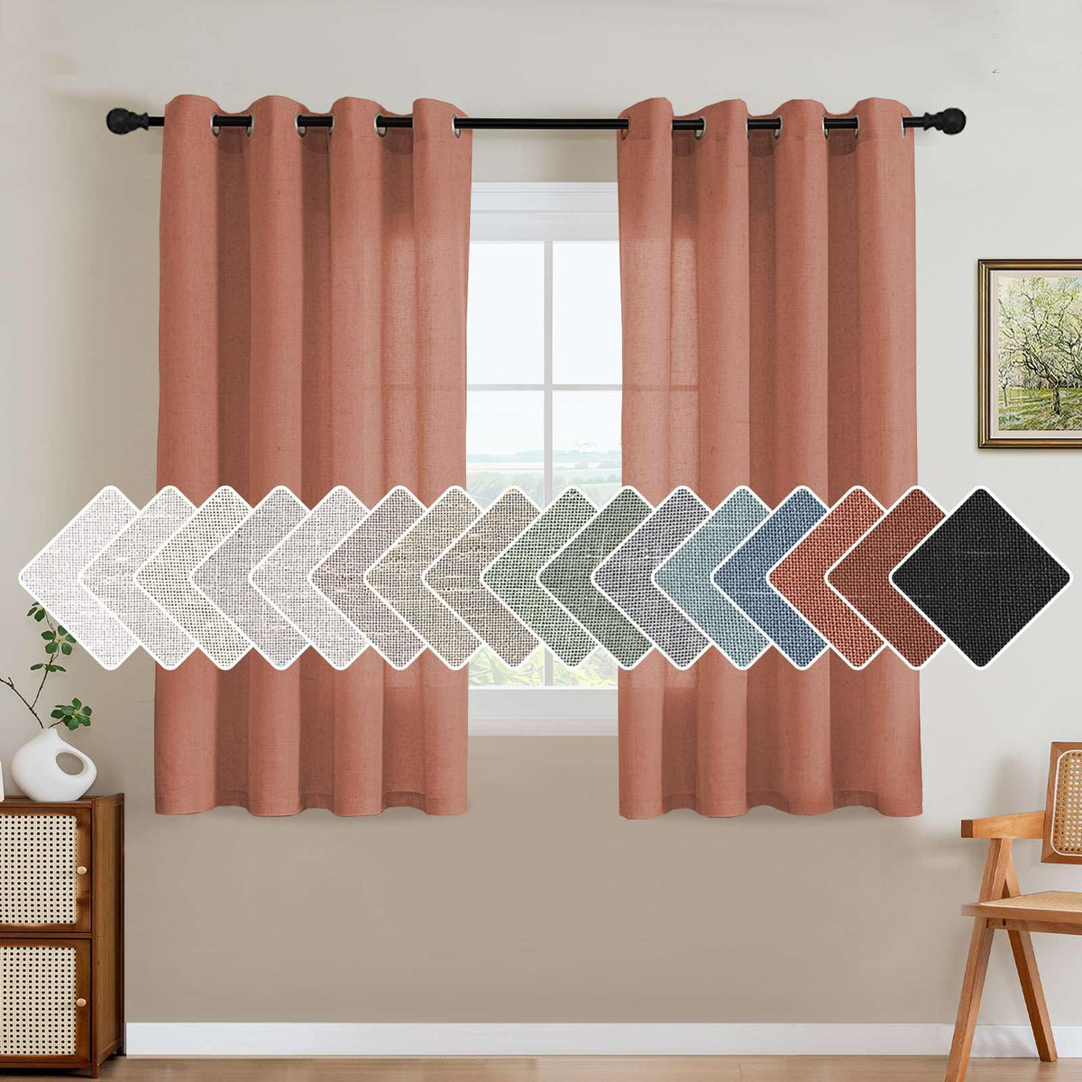 H.VERSAILTEX Natural Linen Curtains 63 inches Long for Living Room 2 Panels Back Tab Loop Pocket Textured Light Filtering Semi Sheer Curtains Rustic Farmhouse Boho Curtain for Bedroom, Sea Grass