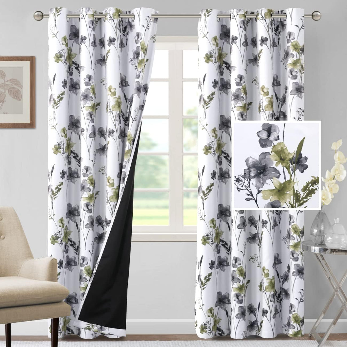 H.VERSAILTEX 100% Blackout Curtains for Living Room Camellia Floral Thermal Insulated Grommet Window Drapes 2 Panels
