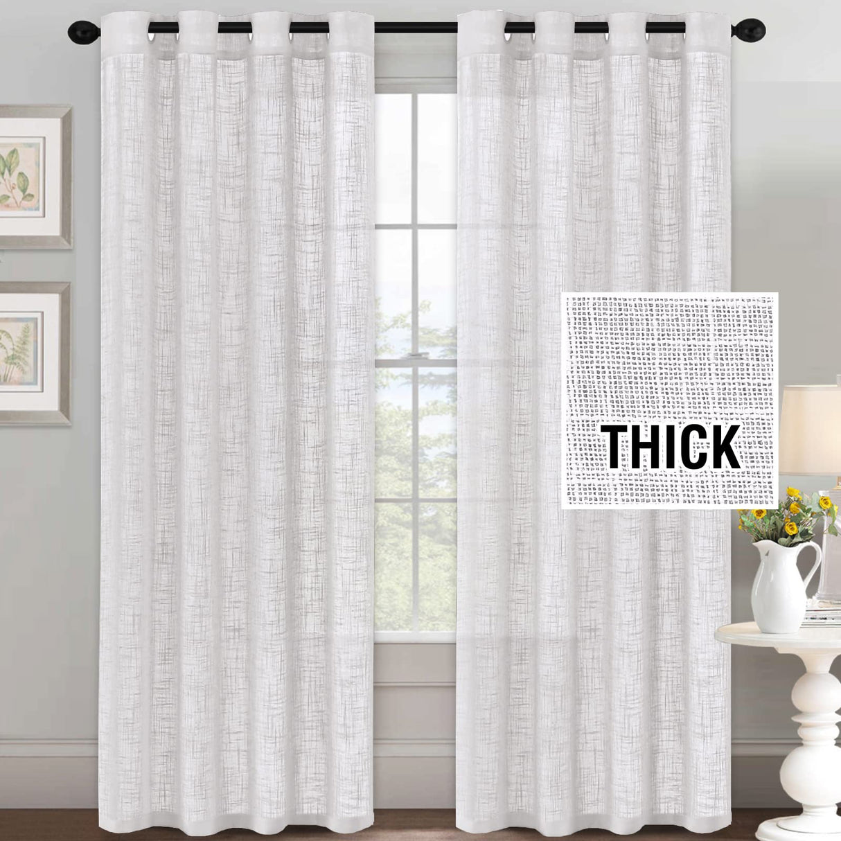 H.VERSAILTEX Linen Blended Curtains - Natural Linen Textured, Light Filtering Nickel Grommet 2 Panel Sets, 52" x 84", Angora for Living Room & Bedroom
