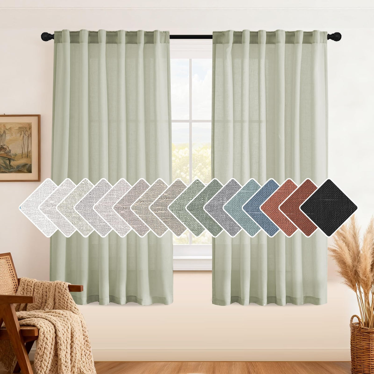 H.VERSAILTEX Natural Linen Curtains 63 inches Long for Living Room 2 Panels Back Tab Loop Pocket Textured Light Filtering Semi Sheer Curtains Rustic Farmhouse Boho Curtain for Bedroom, Sea Grass