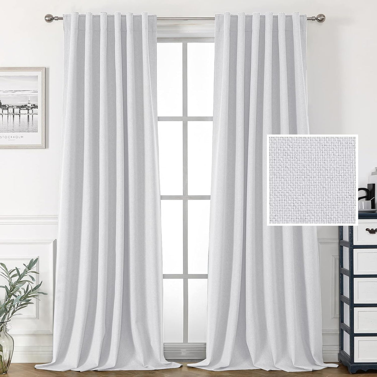 H.VERSAILTEX 100% Blackout Linen Look Curtains for Bedroom Double Face Linen Back Tab Loop Pocket Textured Burlap 2 Panels
