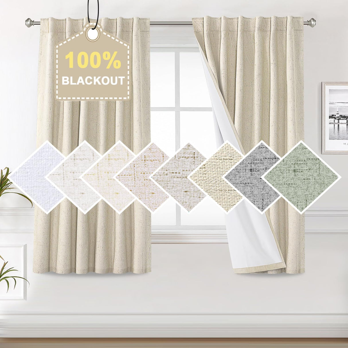 100% Blackout Curtains for Bedroom Faux Linen Texture Thermal Back Tab/Rod Pocket/Hook Belt Draperies 2 Panels