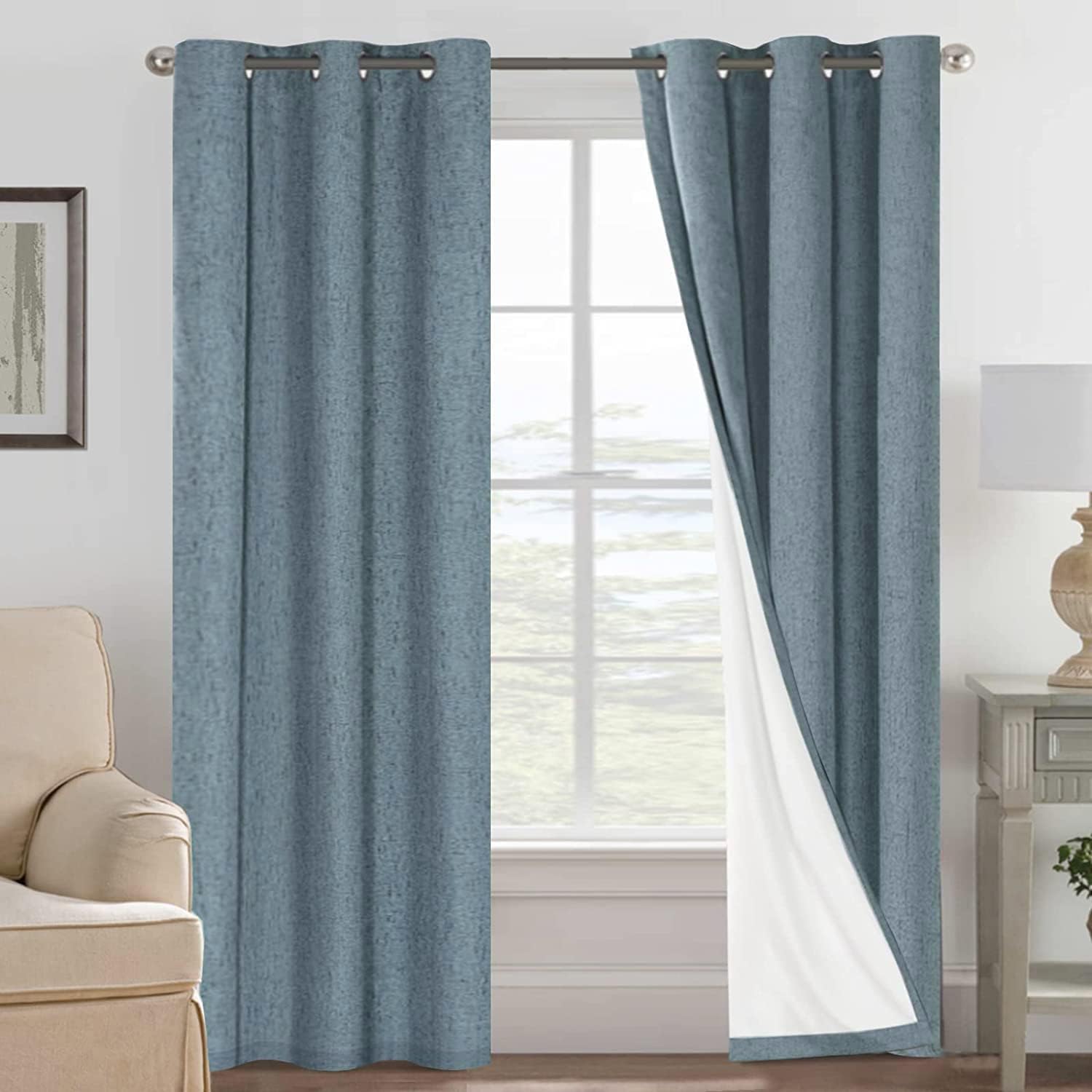 Linen Blackout Thermal Insulated  White Liner Grommet Top Curtains