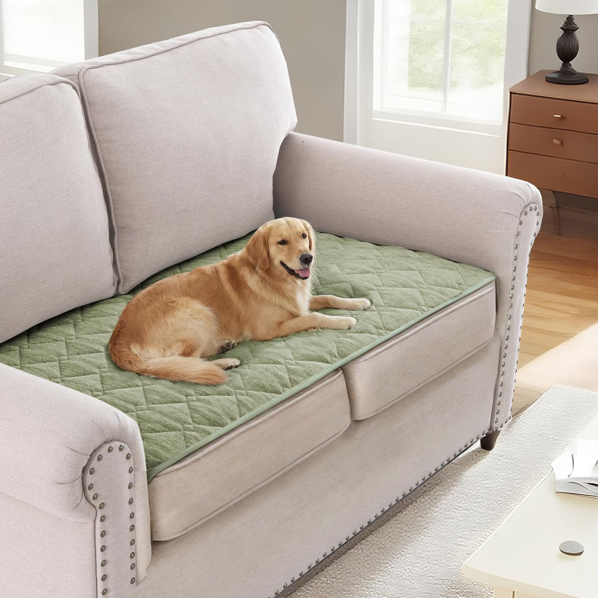 H.VERSAILTEX Couch Cover Chenille Pet Fuzzy Sofa Covers for 3 Cushion Couch Anti Slip Washable Sofa Slipcovers with Strap Soft Couch Protector Cover for Dogs Cats Kids(36" x 74",Khaki)