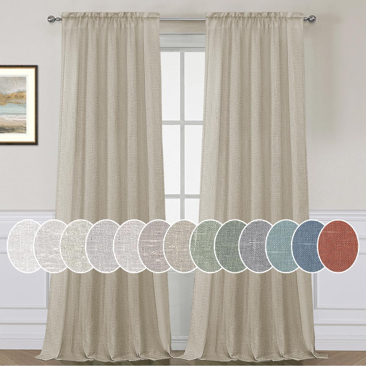 Natural Linen Rod Pocket Curtains Semi Sheer Curtains