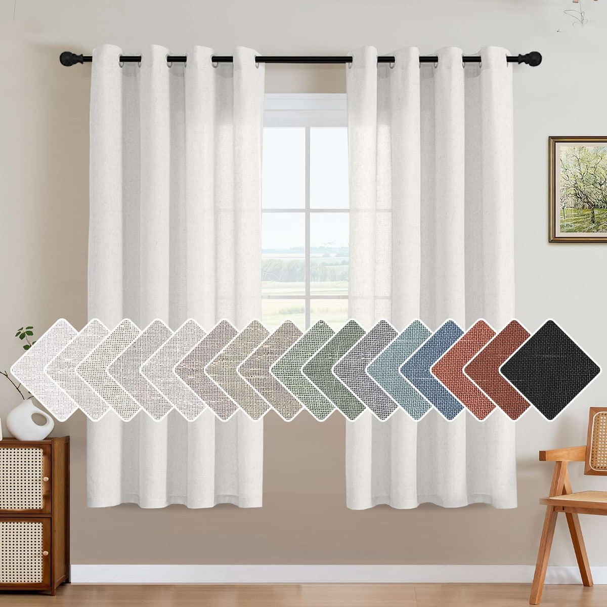 H.VERSAILTEX Natural Linen Curtains 63 inches Long for Living Room 2 Panels Back Tab Loop Pocket Textured Light Filtering Semi Sheer Curtains Rustic Farmhouse Boho Curtain for Bedroom, Sea Grass