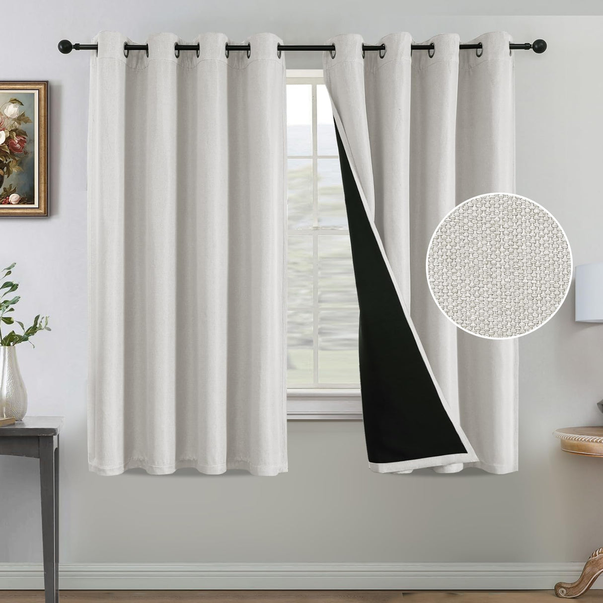 H.VERSAILTEX Farmhouse Boho Curtains for Living Room, 90% Blackout Drapes for Bedroom Energy Efficient, 96 Inch Long Windows Grommet Curtains, Burlap Textured 2 Panels, W52 x L96in, Heather Ivory