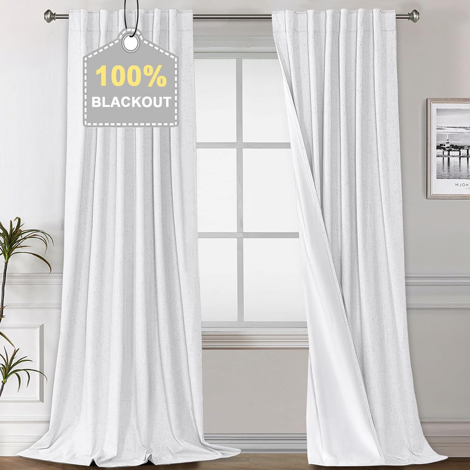 100% Blackout Curtains for Bedroom Faux Linen Texture Thermal Back Tab/Rod Pocket/Hook Belt Draperies 2 Panels