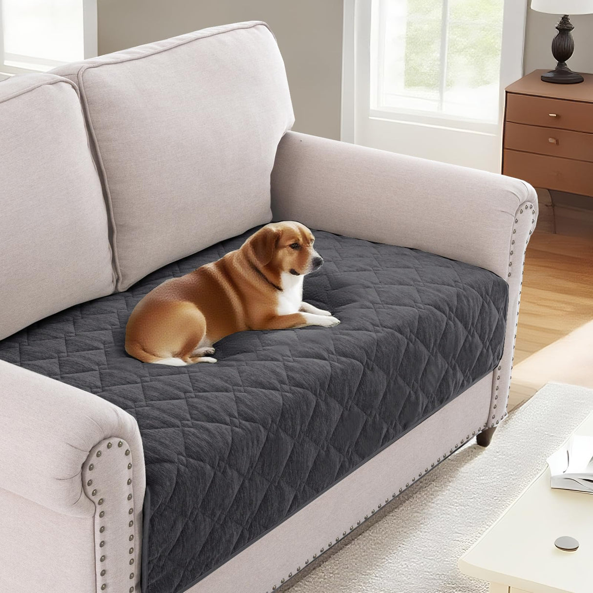 H.VERSAILTEX Couch Cover Chenille Pet Fuzzy Sofa Covers for 3 Cushion Couch Anti Slip Washable Sofa Slipcovers with Strap Soft Couch Protector Cover for Dogs Cats Kids(36" x 74",Khaki)