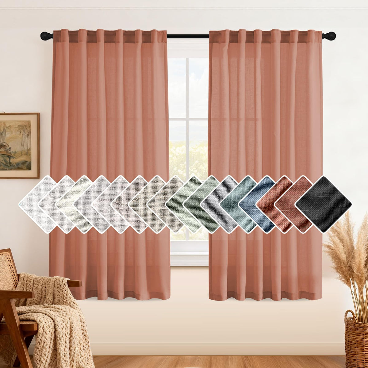 H.VERSAILTEX Natural Linen Curtains 63 inches Long for Living Room 2 Panels Back Tab Loop Pocket Textured Light Filtering Semi Sheer Curtains Rustic Farmhouse Boho Curtain for Bedroom, Sea Grass