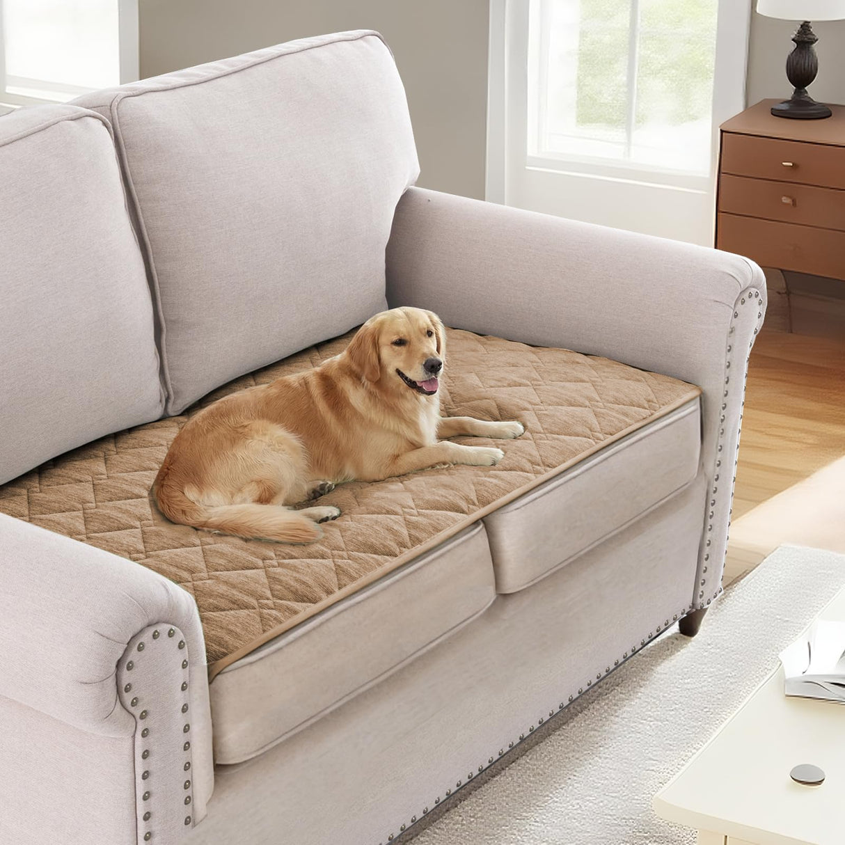 H.VERSAILTEX Couch Cover Chenille Pet Fuzzy Sofa Covers for 3 Cushion Couch Anti Slip Washable Sofa Slipcovers with Strap Soft Couch Protector Cover for Dogs Cats Kids(36" x 74",Khaki)