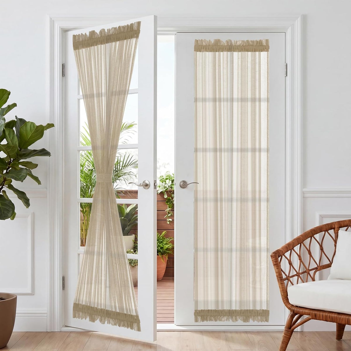 H.VERSAILTEX Linen French Door Curtains Semi Sheer Light Reducing Privacy Doors Window Cover with Tieback | Rod Pocket 1 Panel Door Shades for Glass Living Room Doorways,52" W x 72" L,Linen