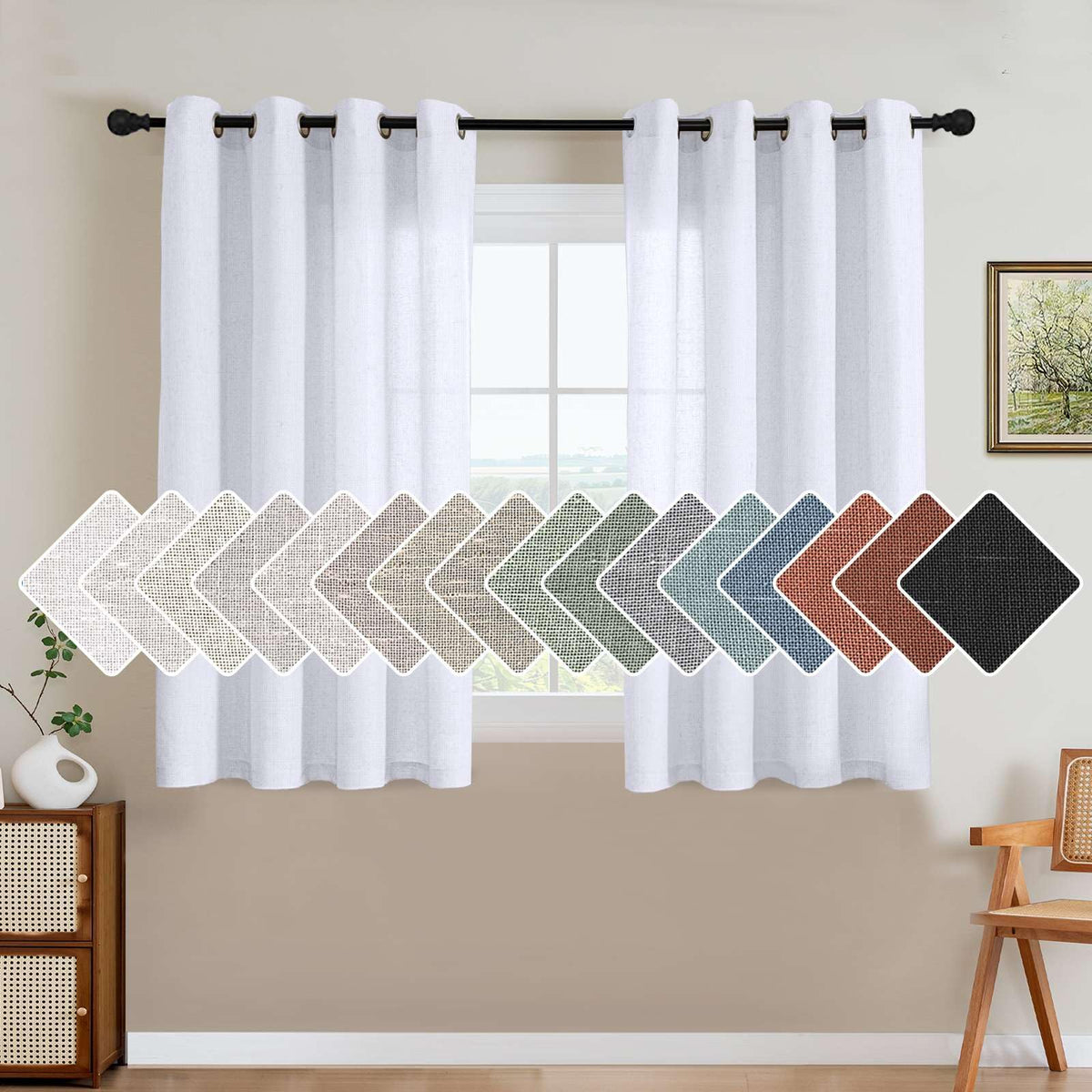 H.VERSAILTEX Natural Linen Curtains 63 inches Long for Living Room 2 Panels Back Tab Loop Pocket Textured Light Filtering Semi Sheer Curtains Rustic Farmhouse Boho Curtain for Bedroom, Sea Grass