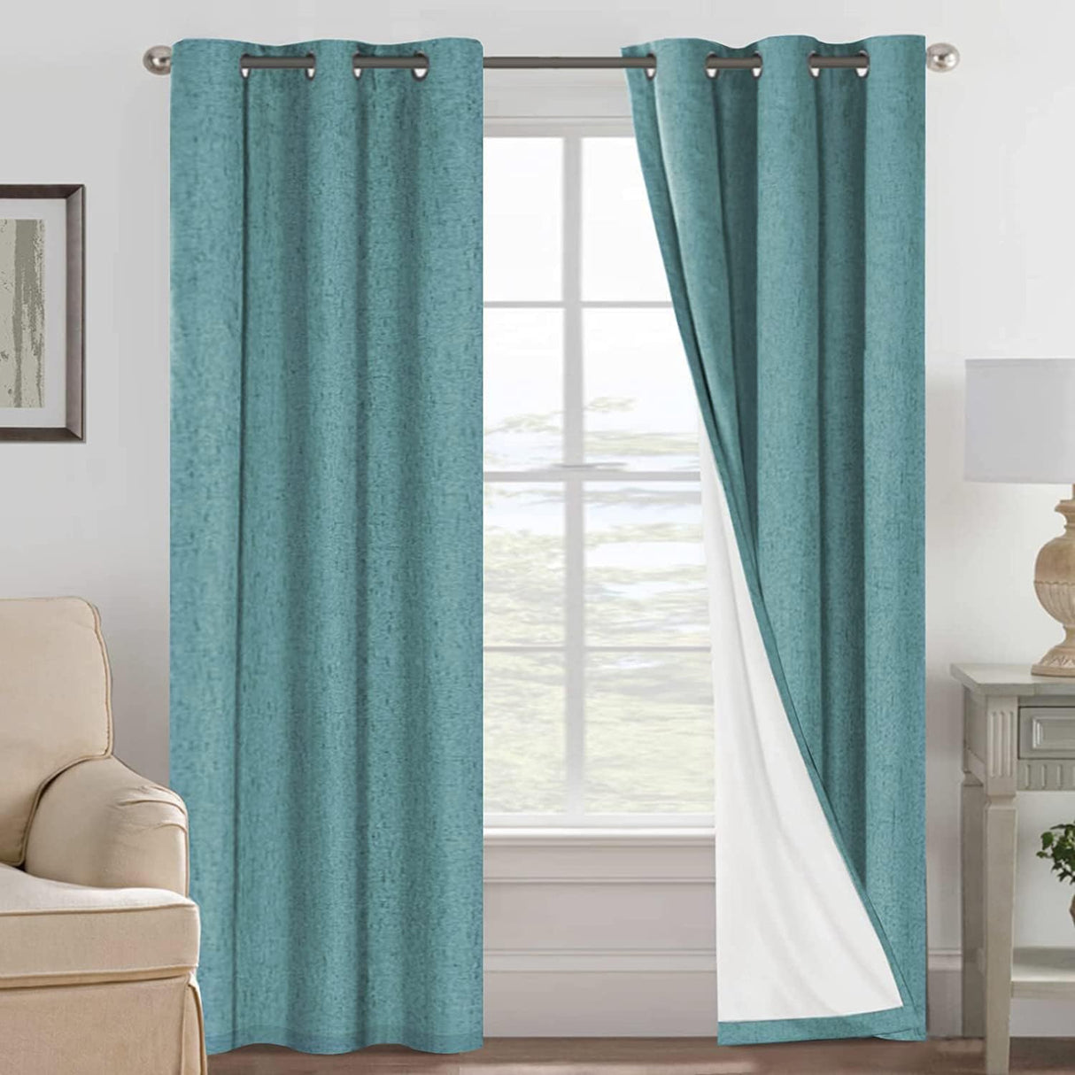 Linen Blackout Thermal Insulated  White Liner Grommet Top Curtains