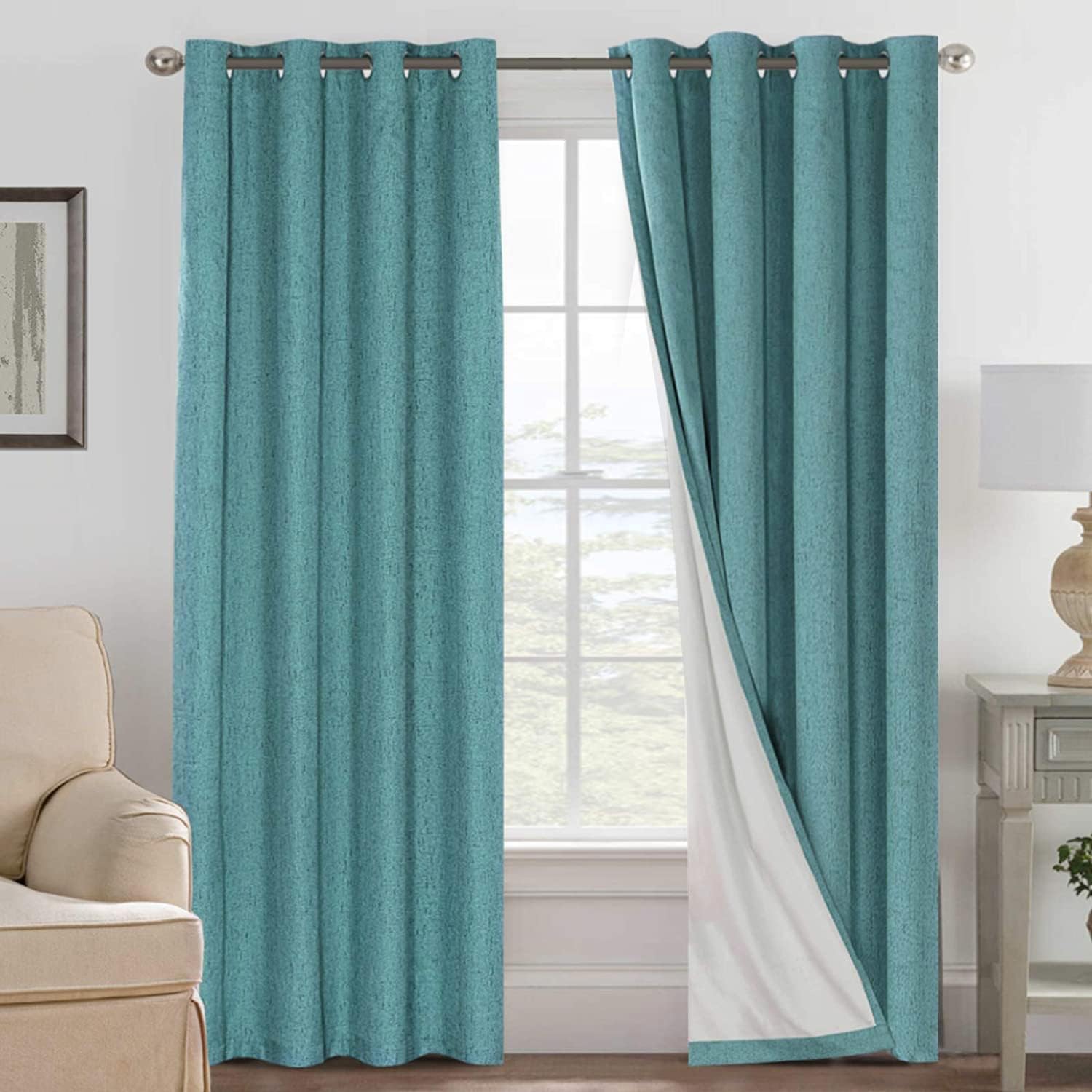 Linen Blackout Thermal Insulated  White Liner Grommet Top Curtains