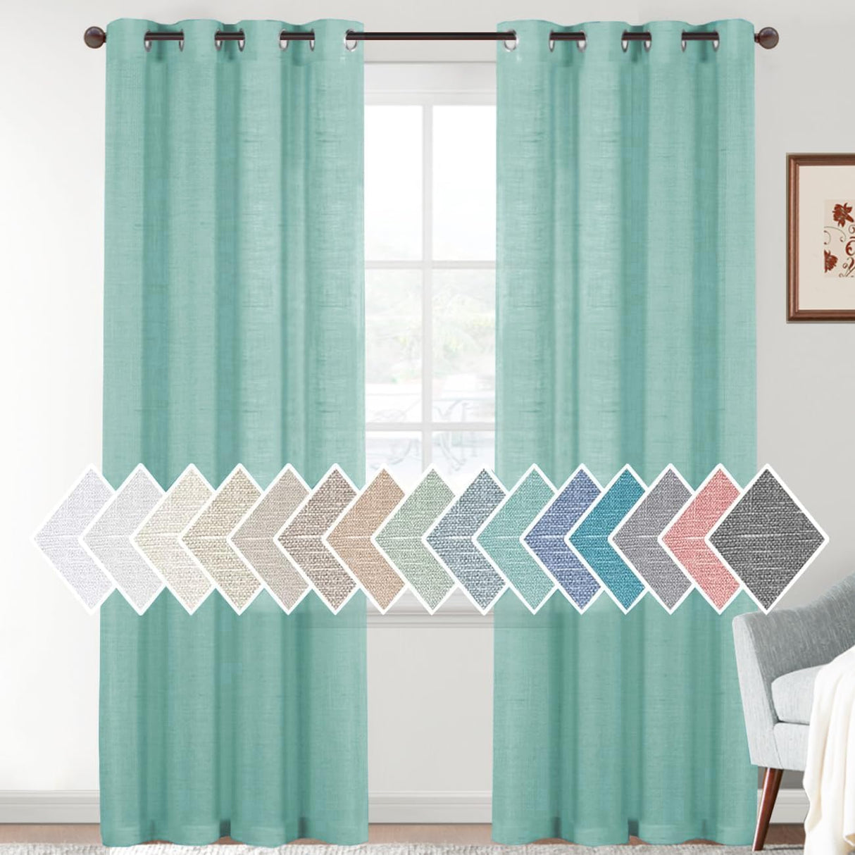 H.VERSAILTEX Linen Sheer Curtains 84 Inch Length Semi Sheer Curtains for Living Room Light Filtering Curtains, 2 Panels (52" W x 84" L, Sea Mist)