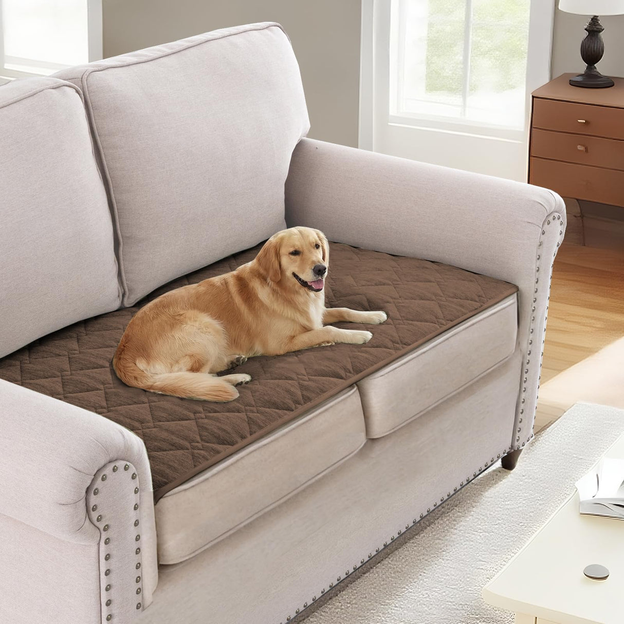 H.VERSAILTEX Couch Cover Chenille Pet Fuzzy Sofa Covers for 3 Cushion Couch Anti Slip Washable Sofa Slipcovers with Strap Soft Couch Protector Cover for Dogs Cats Kids(36" x 74",Khaki)