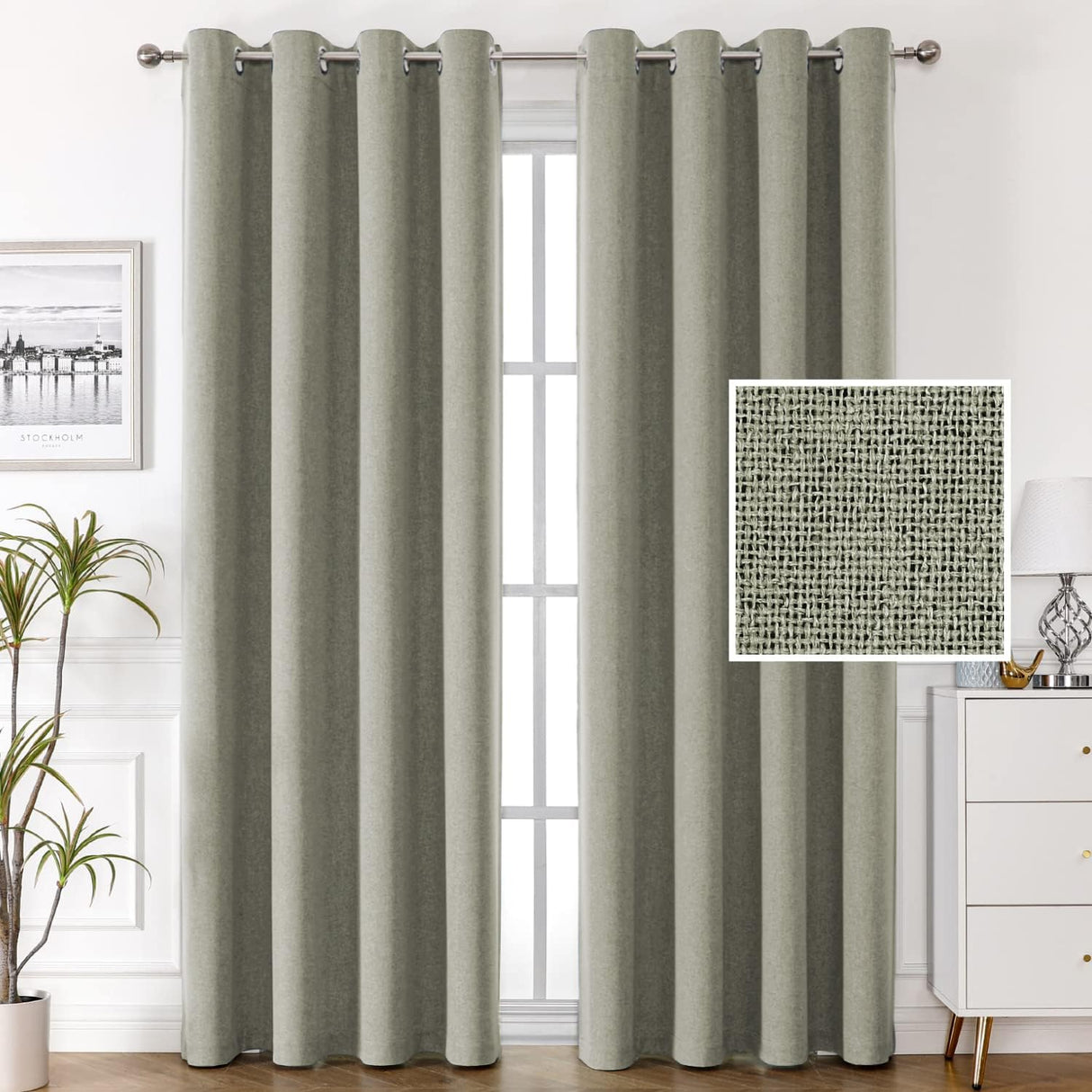 H.VERSAILTEX 100% Blackout Linen Curtains Thermal Insulated Textured Burlap Grommet Window Drapes 2 Panels