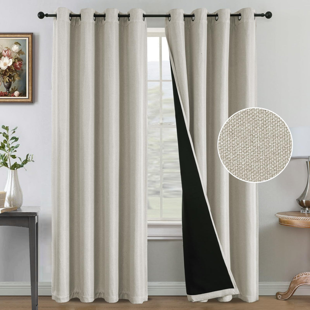 H.VERSAILTEX Farmhouse Boho Curtains for Living Room, 90% Blackout Drapes for Bedroom Energy Efficient, 96 Inch Long Windows Grommet Curtains, Burlap Textured 2 Panels, W52 x L96in, Heather Ivory