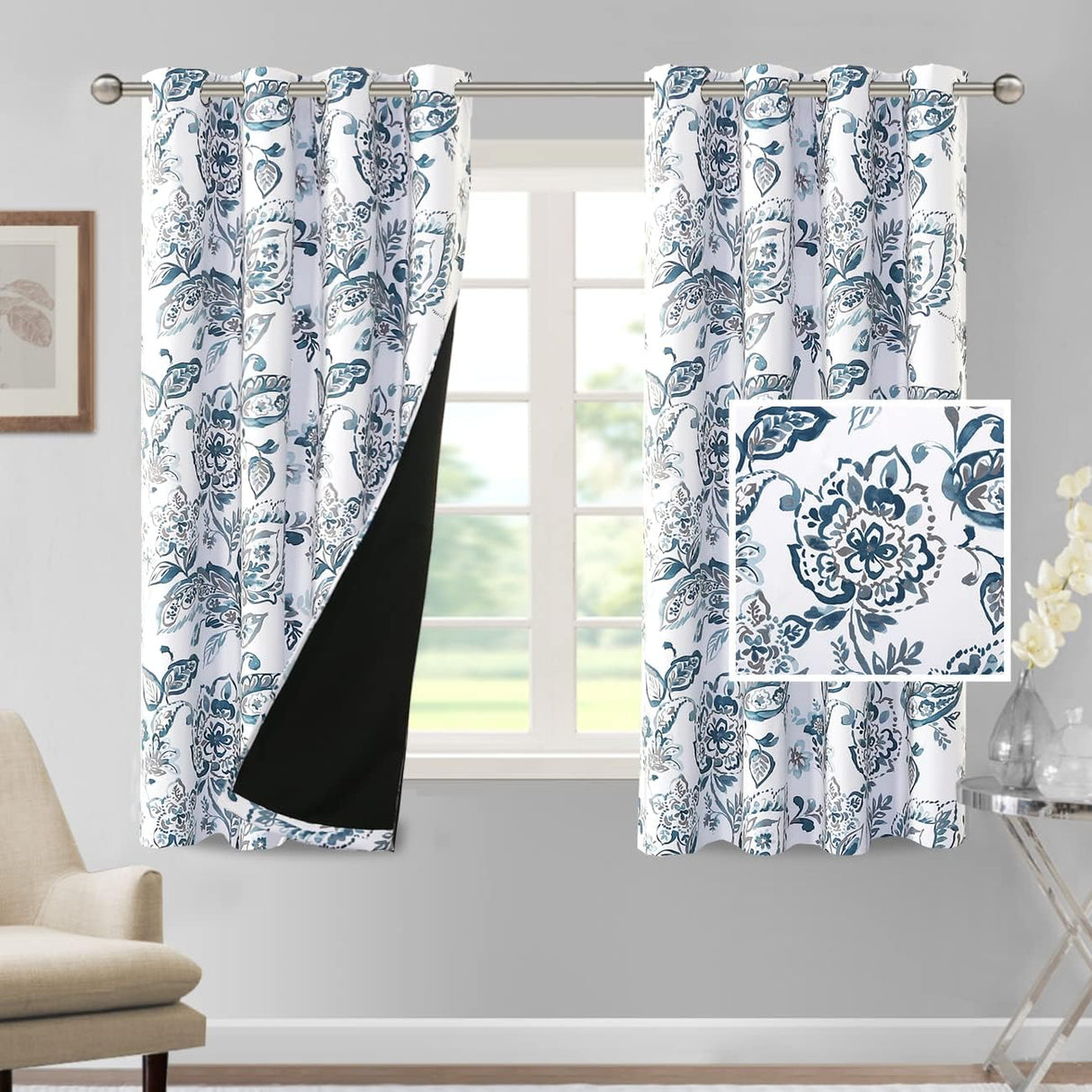 H.VERSAILTEX 100% Blackout Curtains for Living Room Camellia Floral Thermal Insulated Grommet Window Drapes 2 Panels