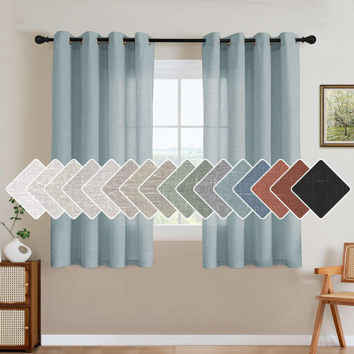 H.VERSAILTEX Natural Linen Curtains 63 inches Long for Living Room 2 Panels Back Tab Loop Pocket Textured Light Filtering Semi Sheer Curtains Rustic Farmhouse Boho Curtain for Bedroom, Sea Grass