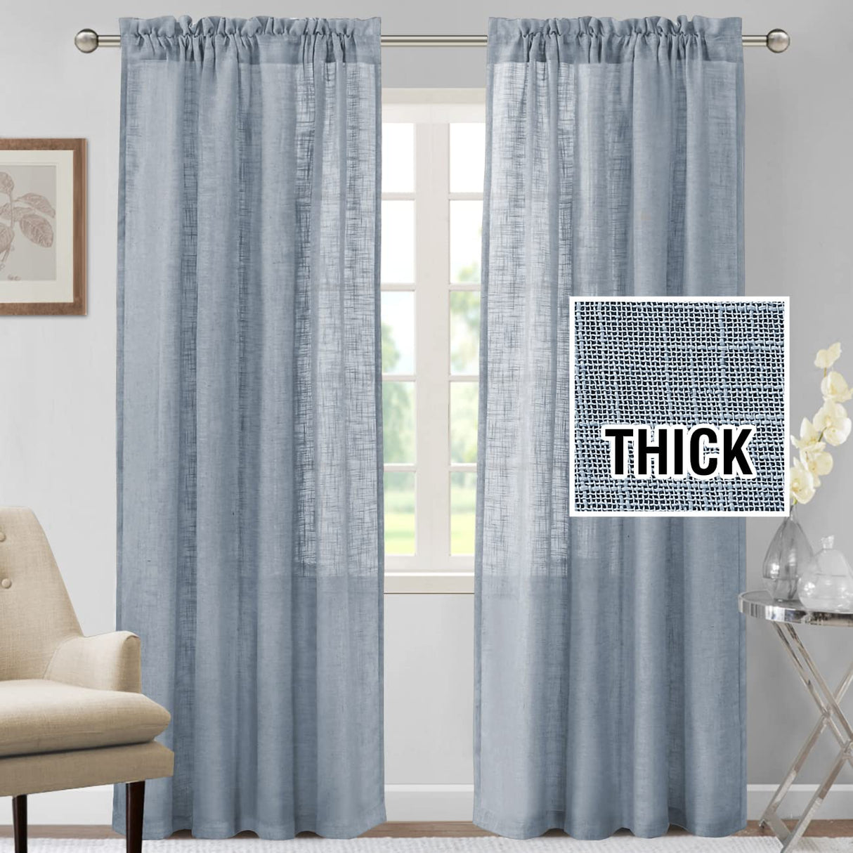 H.VERSAILTEX Linen Blended Curtains 84 Inches Long for Living Room and Bedroom - Light Filtering Rod Pocket, Burlap Textured, 2 Panel Sets, Stone Blue