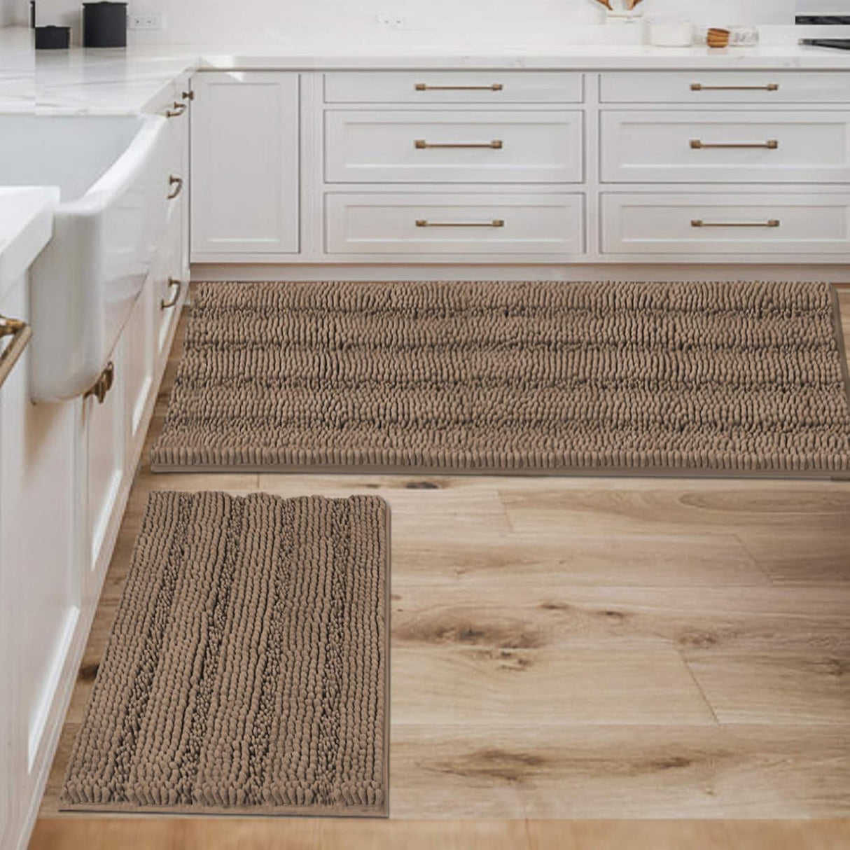2pcs Sage Bathroom Rugs, Bath Mat Set of 2 Extra Thick Chenille Striped Pattern Shaggy Bath Rugs for Bathroom