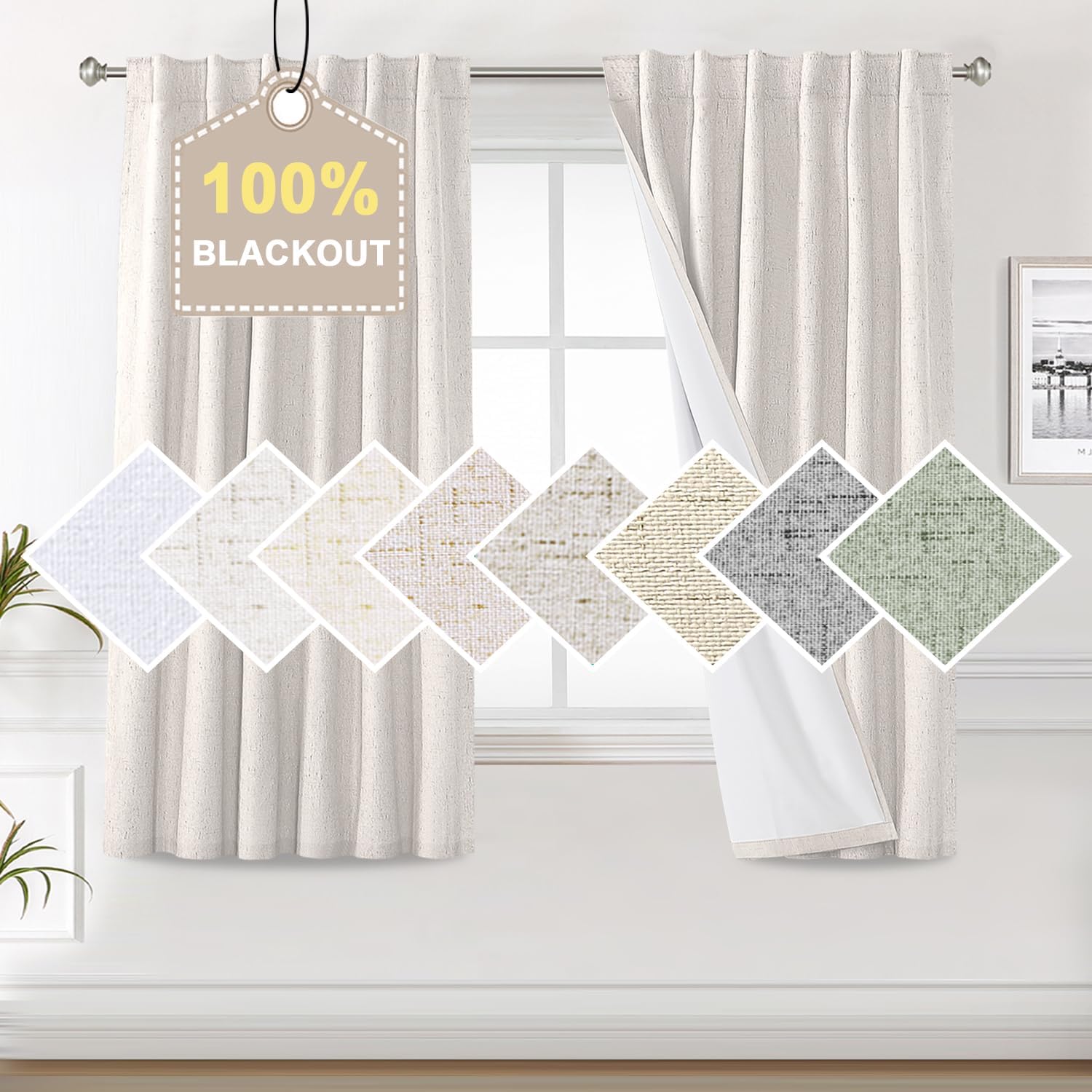 100% Blackout Curtains for Bedroom Faux Linen Texture Thermal Back Tab/Rod Pocket/Hook Belt Draperies 2 Panels