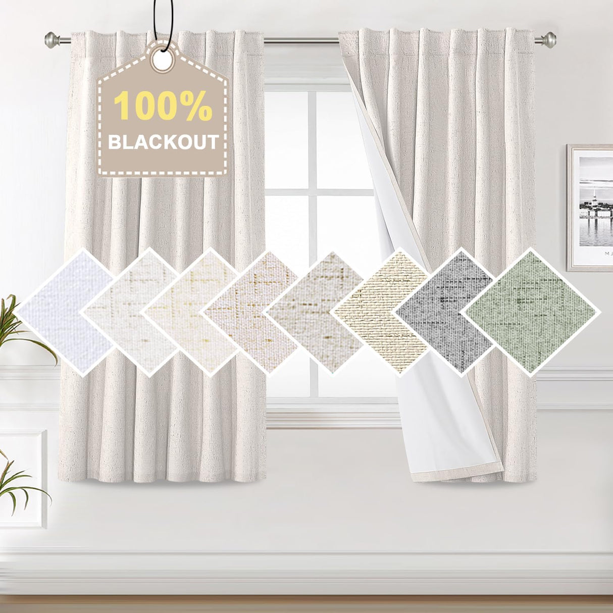 100% Blackout Curtains for Bedroom Faux Linen Texture Thermal Back Tab/Rod Pocket/Hook Belt Draperies 2 Panels