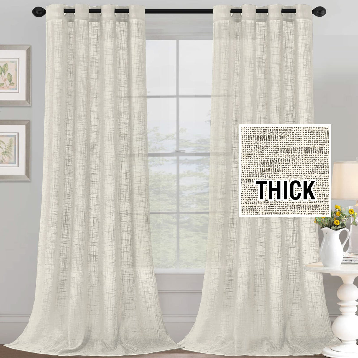 H.VERSAILTEX Linen Blended Curtains - Natural Linen Textured, Light Filtering Nickel Grommet 2 Panel Sets, 52" x 84", Angora for Living Room & Bedroom