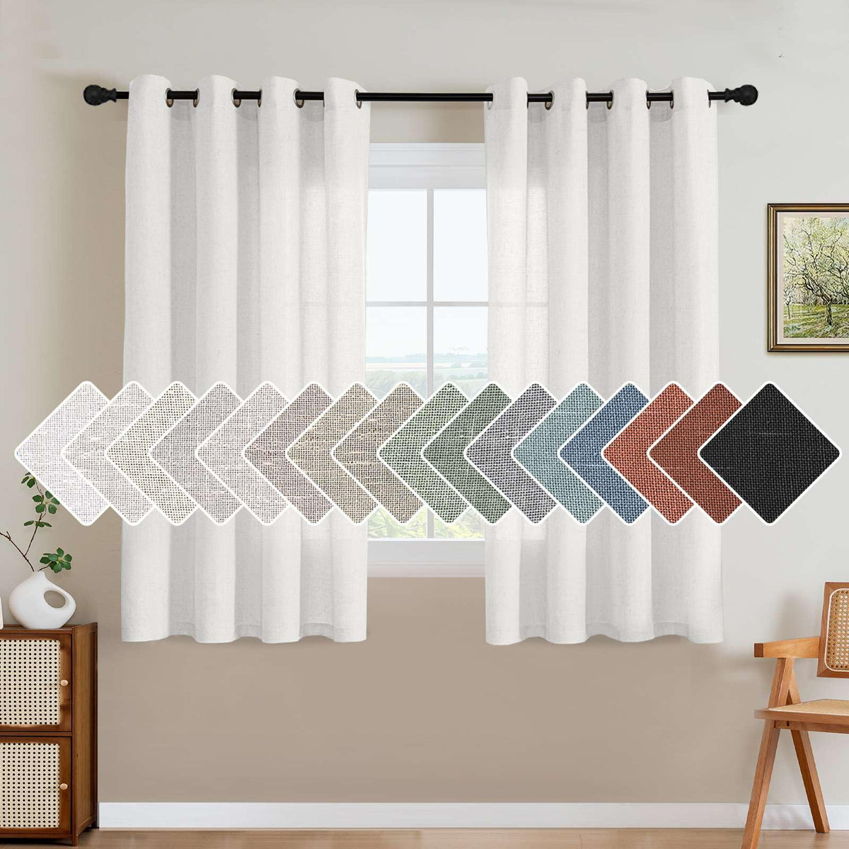 H.VERSAILTEX Natural Linen Curtains 63 inches Long for Living Room 2 Panels Back Tab Loop Pocket Textured Light Filtering Semi Sheer Curtains Rustic Farmhouse Boho Curtain for Bedroom, Sea Grass