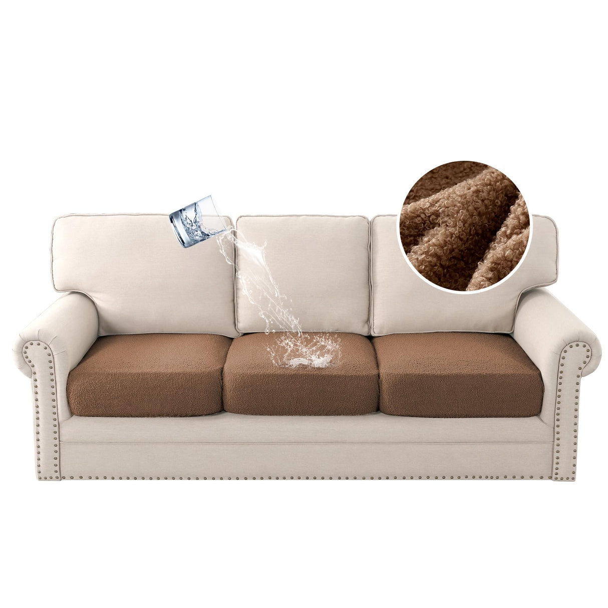 H.VERSAILTEX Waterproof Sofa Seat Cushion Covers Sofa Covers for Seating Couch Cushion Slipcover Protectors Non Slip Cushion Cover, Made of Looped Fleece Fabric Durable Sturdy (3 Pack, Caramel)