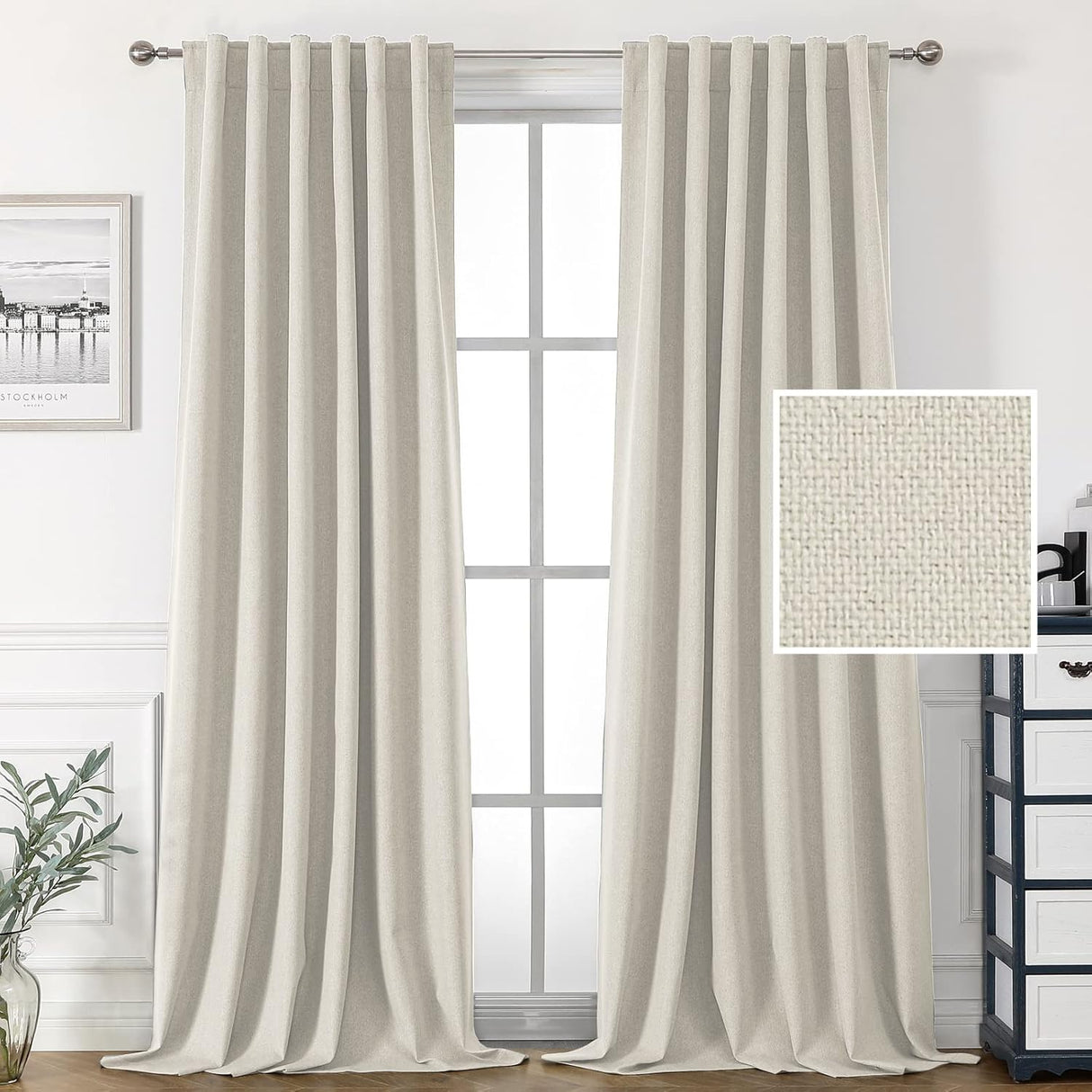 H.VERSAILTEX 100% Blackout Linen Look Curtains for Bedroom Double Face Linen Back Tab Loop Pocket Textured Burlap 2 Panels