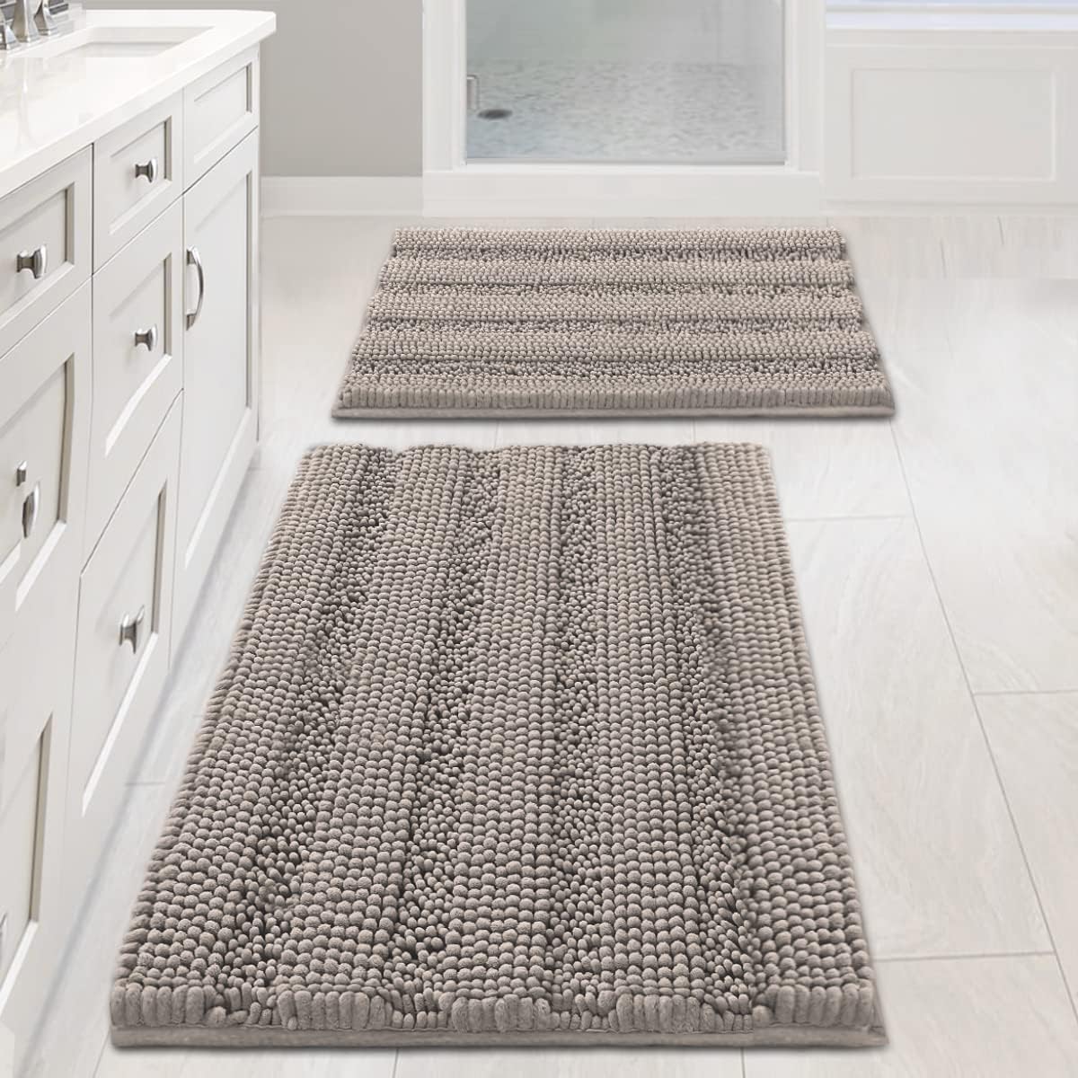 2pcs Sage Bathroom Rugs, Bath Mat Set of 2 Extra Thick Chenille Striped Pattern Shaggy Bath Rugs for Bathroom
