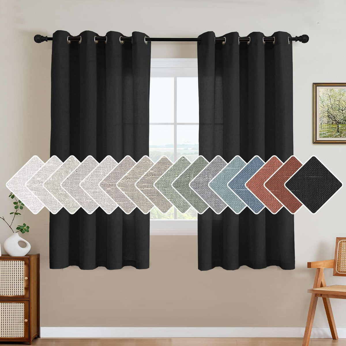 H.VERSAILTEX Natural Linen Curtains 63 inches Long for Living Room 2 Panels Back Tab Loop Pocket Textured Light Filtering Semi Sheer Curtains Rustic Farmhouse Boho Curtain for Bedroom, Sea Grass