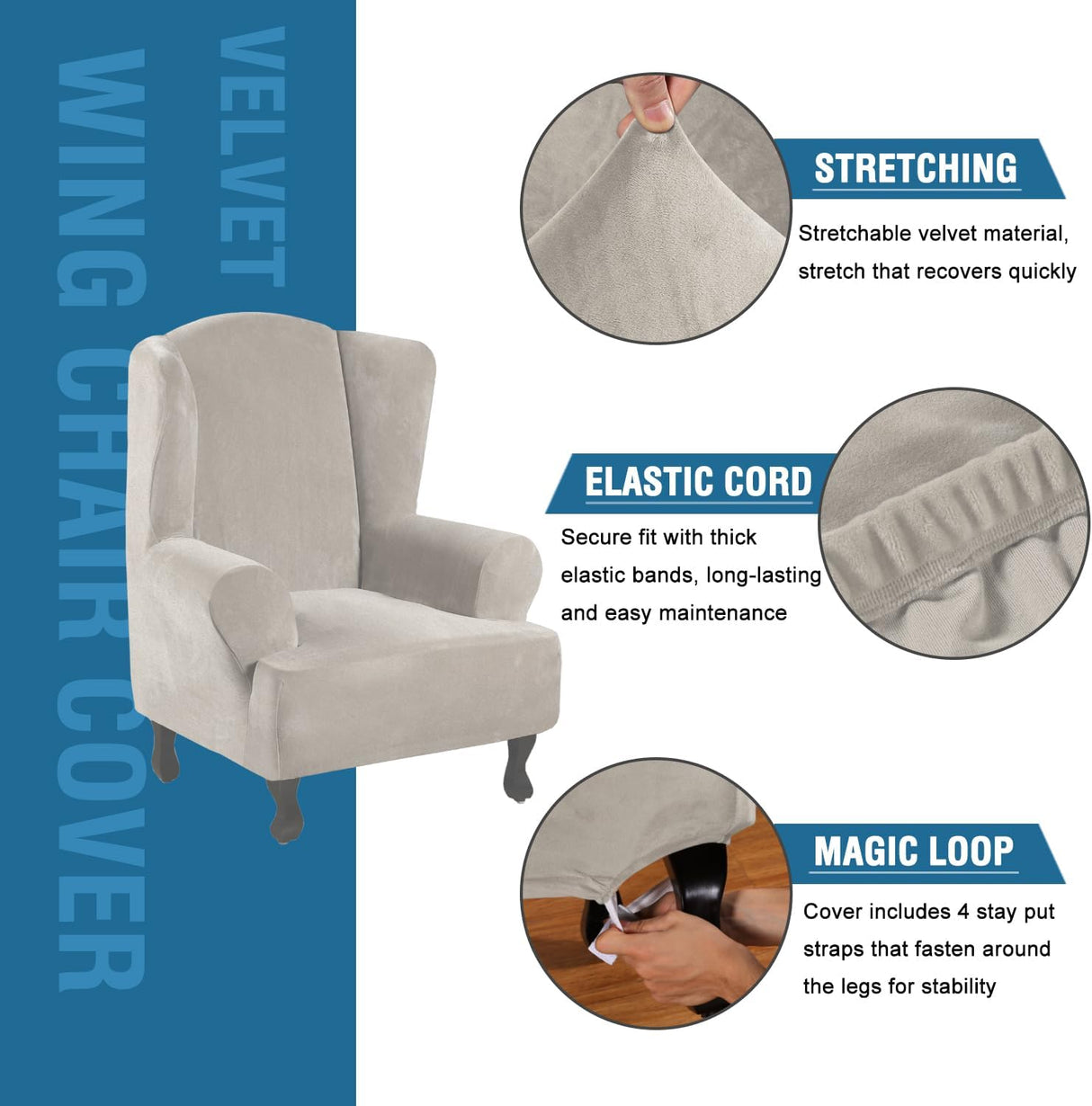 H.VERSAILTEX Velvet Wingback Chair Cover – Plush High Stretch Slipcover, 1 Piece