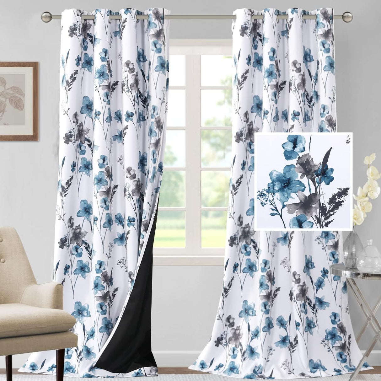 H.VERSAILTEX 100% Blackout Curtains for Living Room Camellia Floral Thermal Insulated Grommet Window Drapes 2 Panels