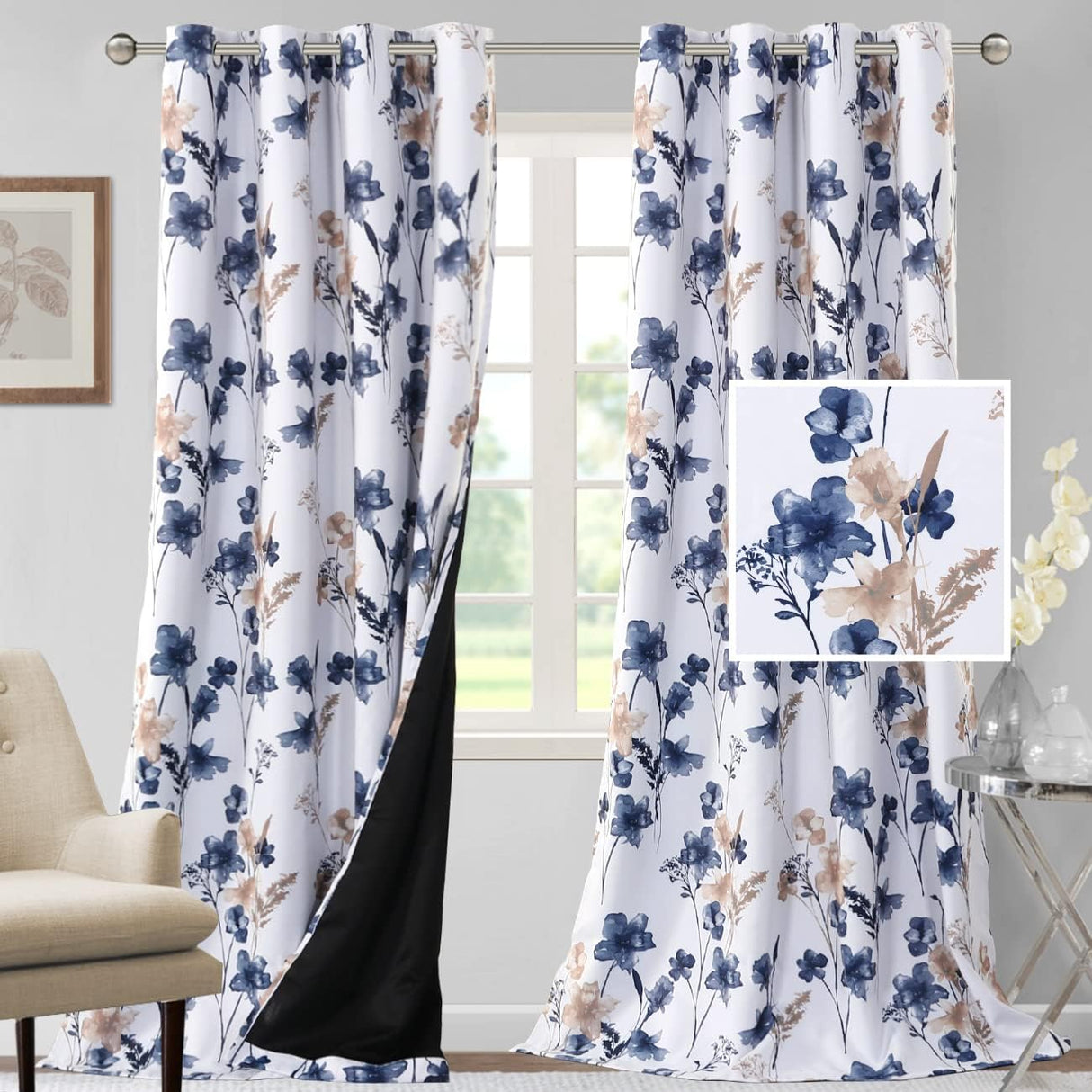 H.VERSAILTEX 100% Blackout Curtains for Living Room Camellia Floral Thermal Insulated Grommet Window Drapes 2 Panels