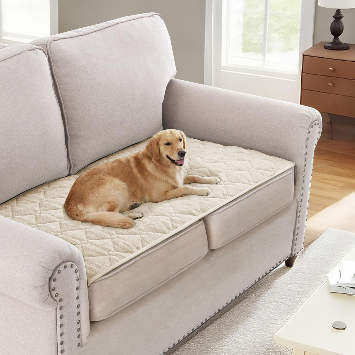 H.VERSAILTEX Couch Cover Chenille Pet Fuzzy Sofa Covers for 3 Cushion Couch Anti Slip Washable Sofa Slipcovers with Strap Soft Couch Protector Cover for Dogs Cats Kids(36" x 74",Khaki)
