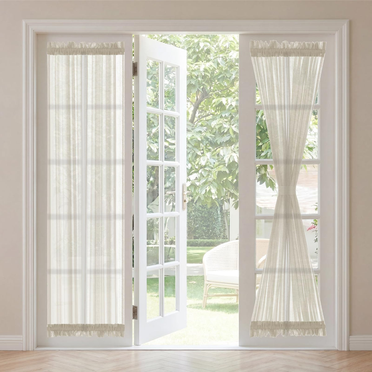 H.VERSAILTEX Linen French Door Curtains Semi Sheer Light Reducing Privacy Doors Window Cover with Tieback | Rod Pocket 1 Panel Door Shades for Glass Living Room Doorways,52" W x 72" L,Linen